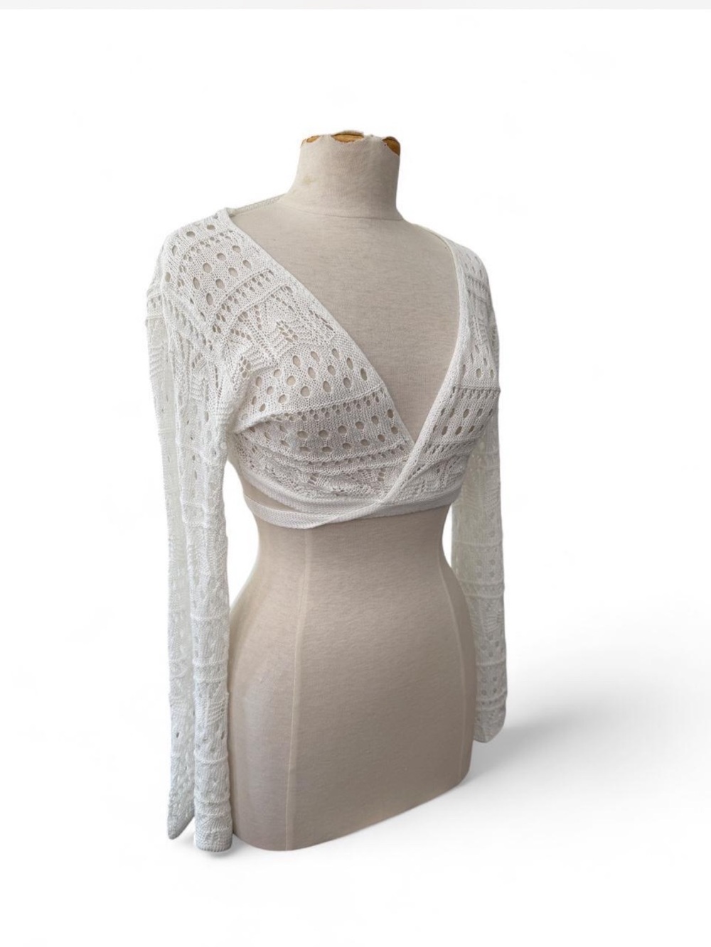 White Knit Crochet Bell Sleeve Wraparound sweater/ shrug Small